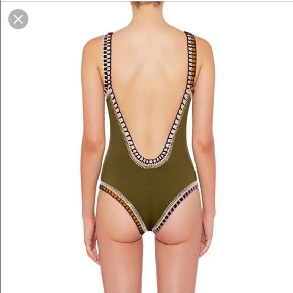 Kiini  Wren Swimsuit Scoop Back Maillot Crochet One Piece High Cut Olive Green S - Picture 4 of 16